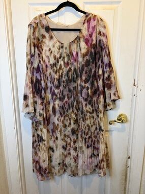 Soft Surroundings Ballia Beige and Purple Pleated Animal-Print Midi Dress